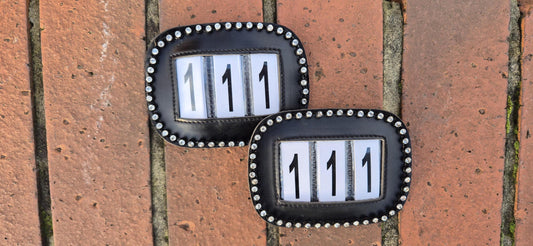 Rhinestone show number Holder Horse competition Number Badge Black, Brown & White Options