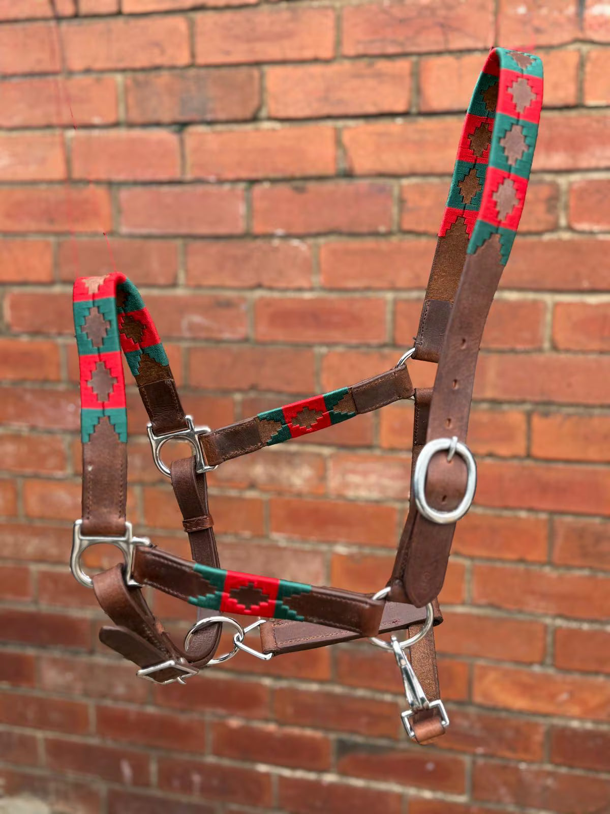 Handmade Brown Leather Horse Halter Red and Green colour
