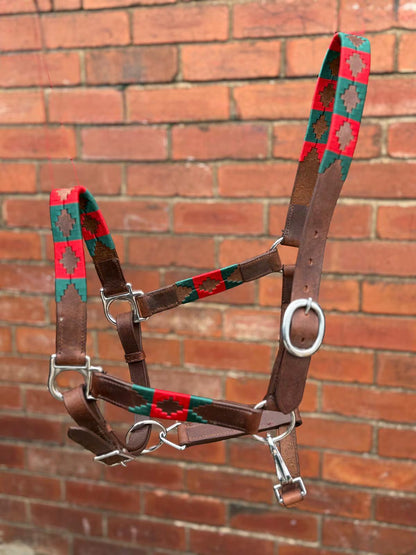 Handmade Brown Leather Horse Halter Red and Green colour