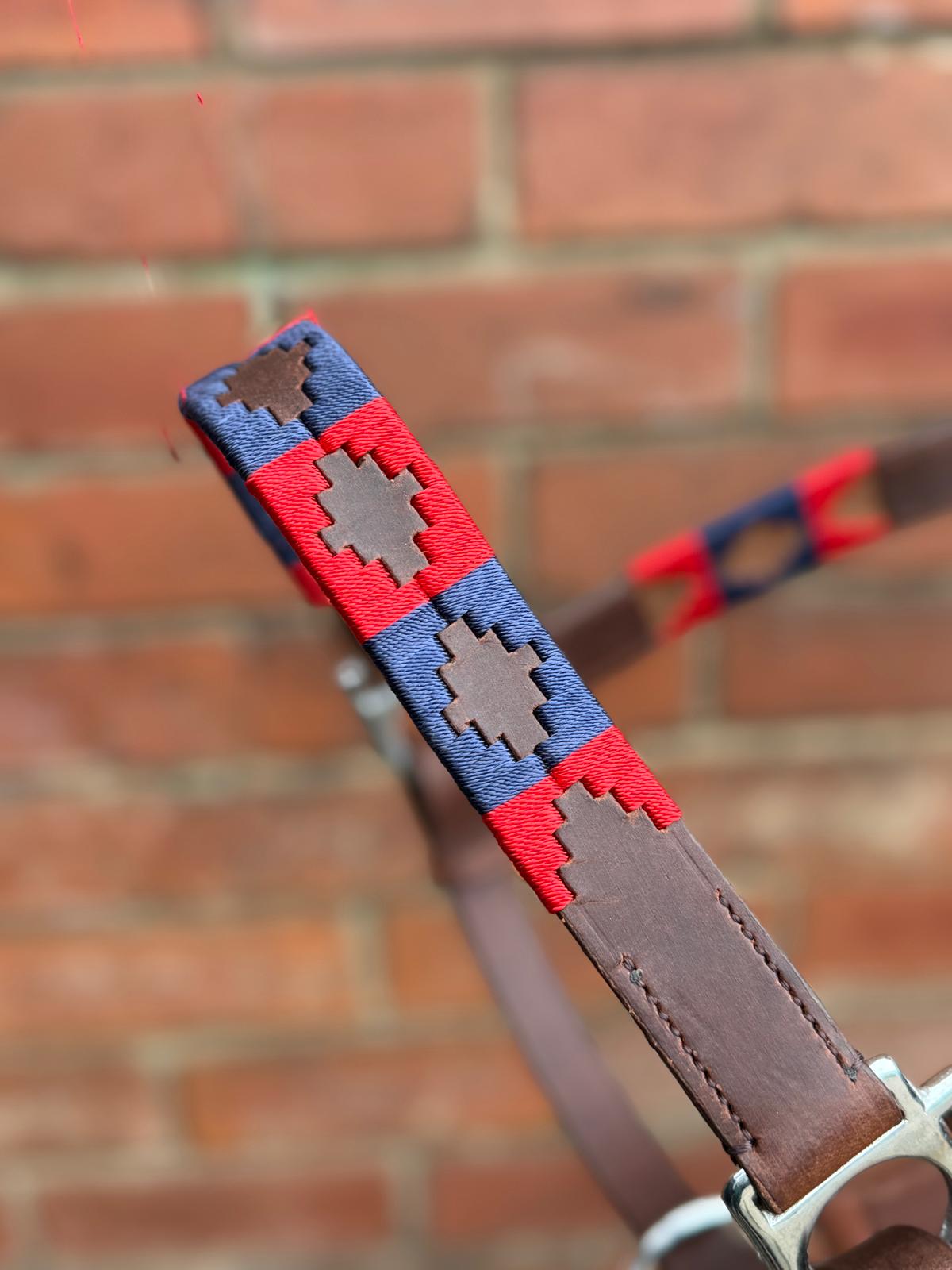Handmade Brown Leather Horse Halter navy and red colour