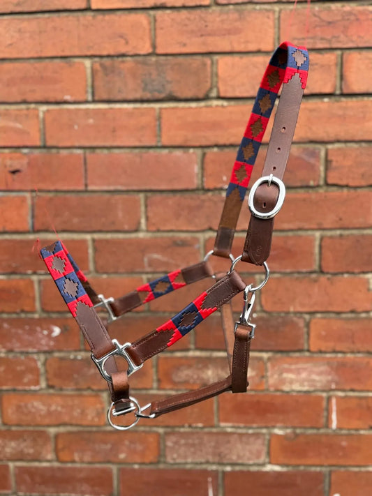 Handmade Brown Leather Horse Halter navy and red colour