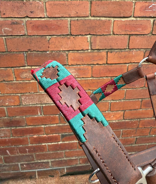 Handmade Brown Leather Horse Halter Green and Burgundy colour