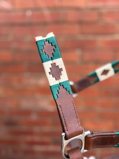 Handmade Brown Leather Horse Halter Green and Ivory colour