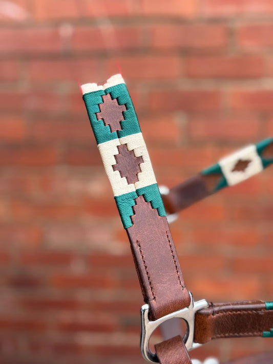 Handmade Brown Leather Horse Halter Green and Ivory colour