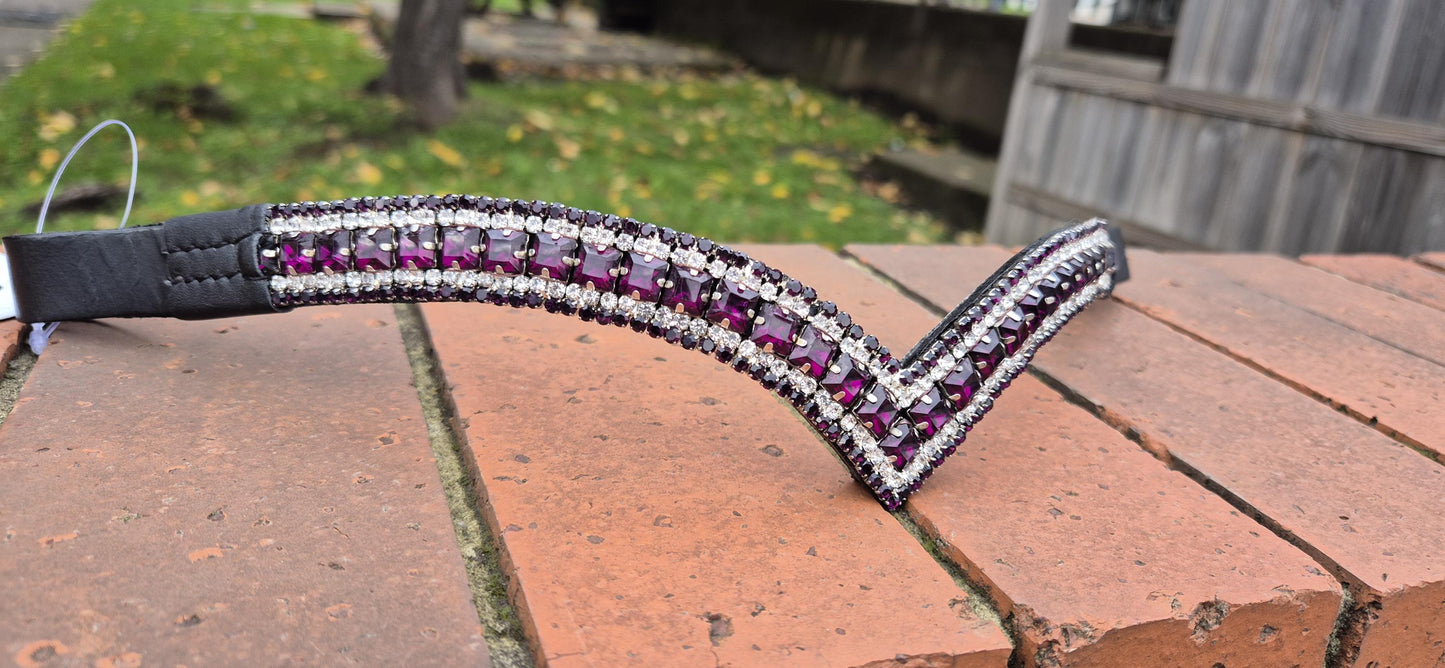 Sparkly 5 Row Crystal Browband for Horses: V Shape purple crystal