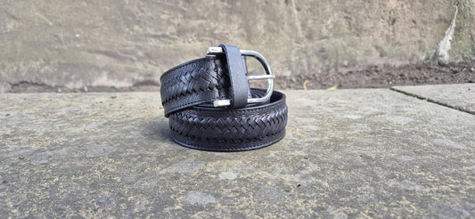Handcrafted Unisex Black Braided Leather Belt with Silver Buckle