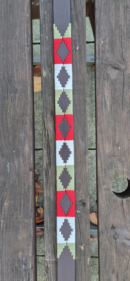 Handcrafted Brown Leather Polo Belt – Red White Green Design, Golden Buckle, Unisex Belt