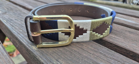 Handcrafted Brown Leather Polo Belt – Navy White Green Design, Golden Buckle, Unisex Belt