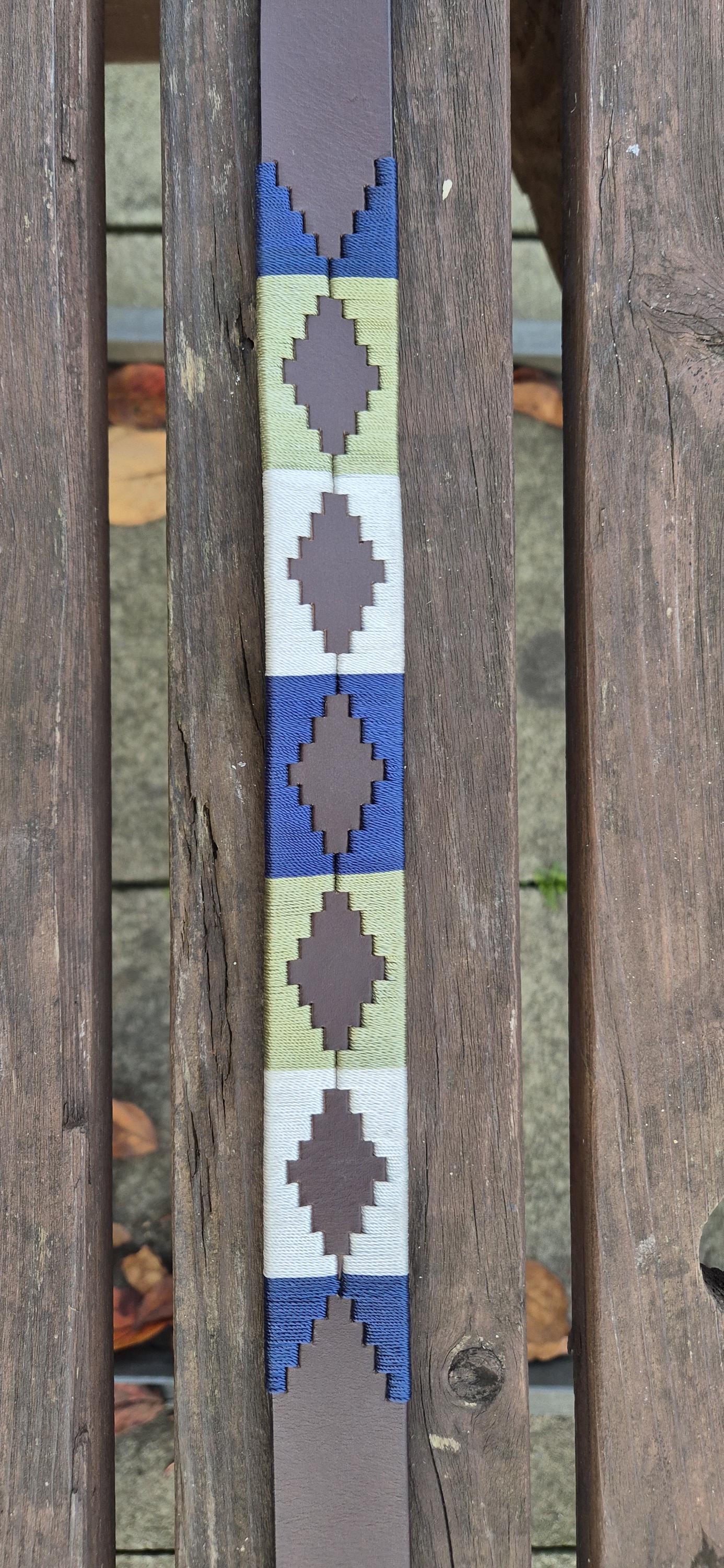 Handcrafted Brown Leather Polo Belt – Navy White Green Design, Golden Buckle, Unisex Belt