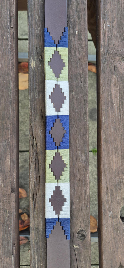 Handcrafted Brown Leather Polo Belt – Navy White Green Design, Golden Buckle, Unisex Belt
