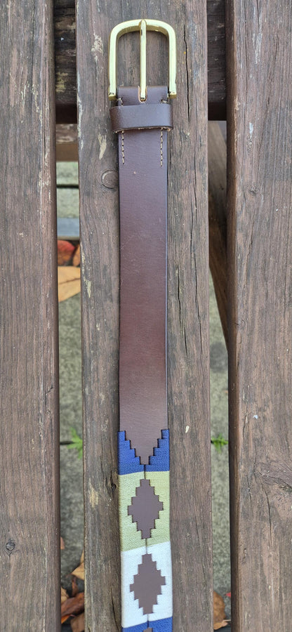 Handcrafted Brown Leather Polo Belt – Navy White Green Design, Golden Buckle, Unisex Belt