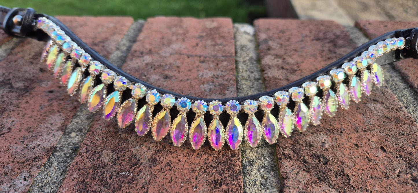 Handmade multy colour Crystal Horse Browband • Curved Leather Bling Browband
