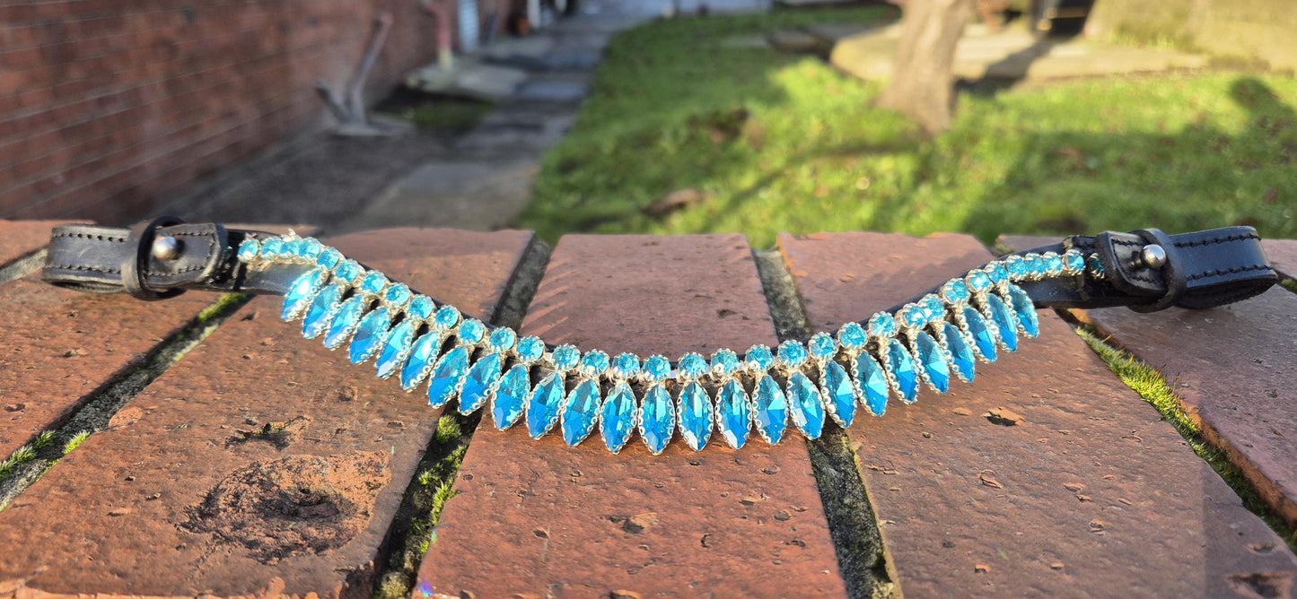Handmade Turquoise Crystal Horse Browband • Curved Leather Bling Browband
