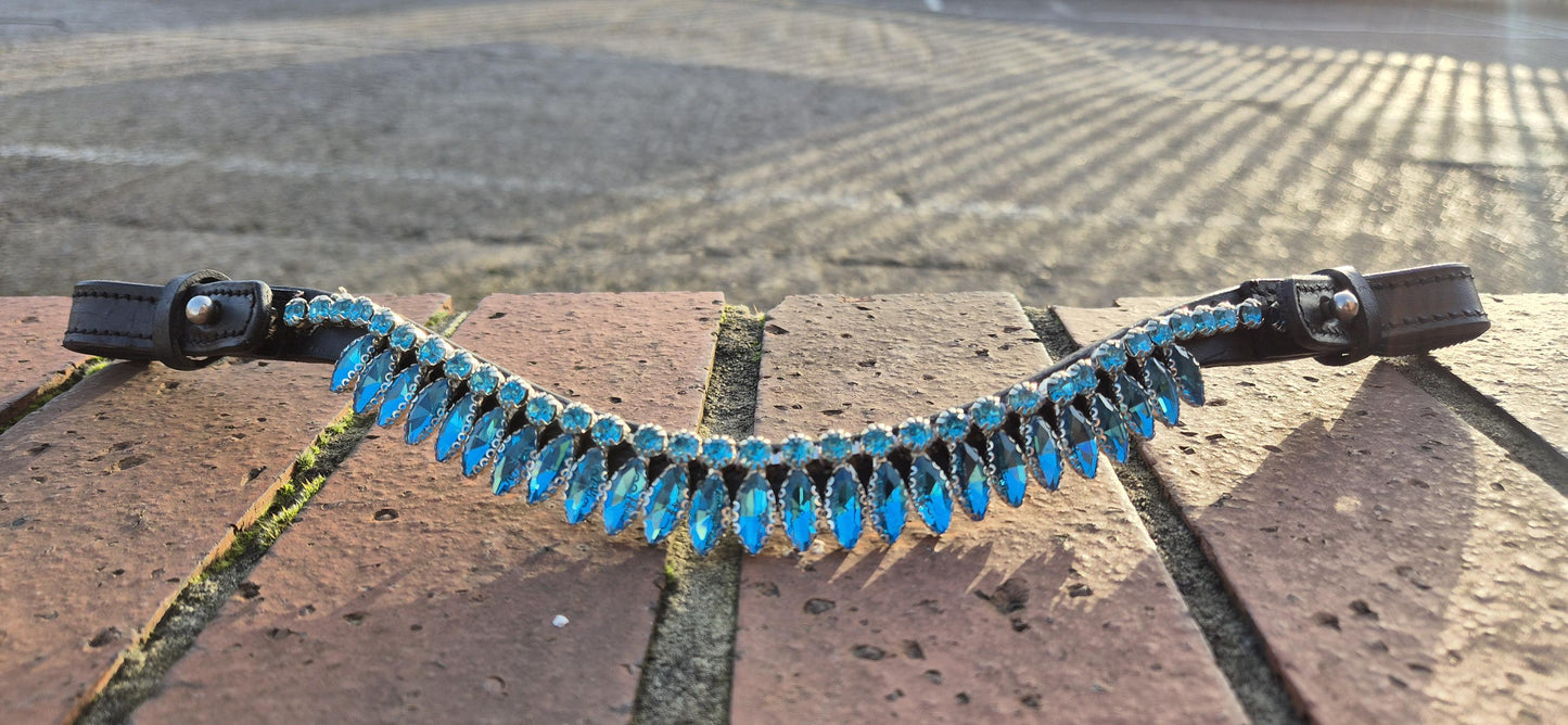 Handmade Turquoise Crystal Horse Browband • Curved Leather Bling Browband