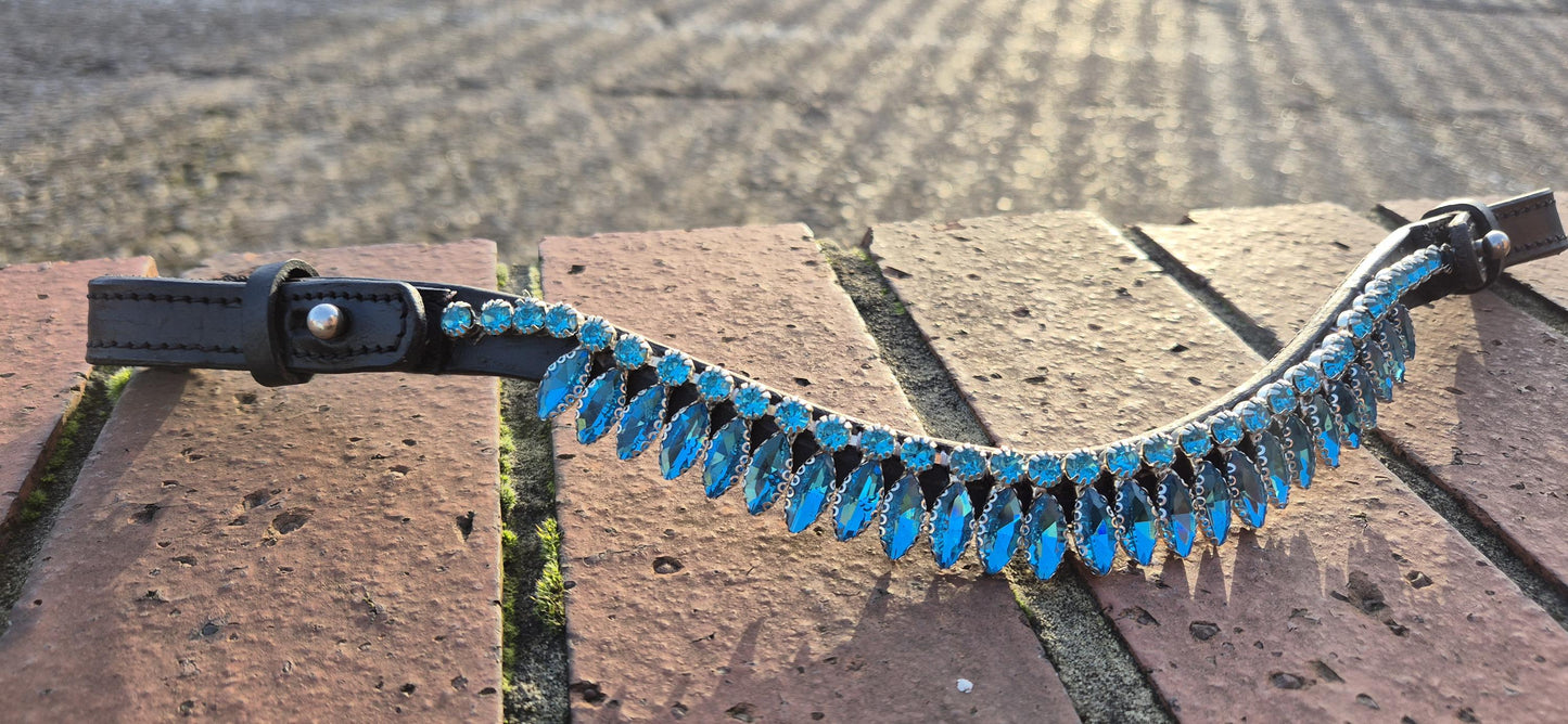 Handmade Turquoise Crystal Horse Browband • Curved Leather Bling Browband