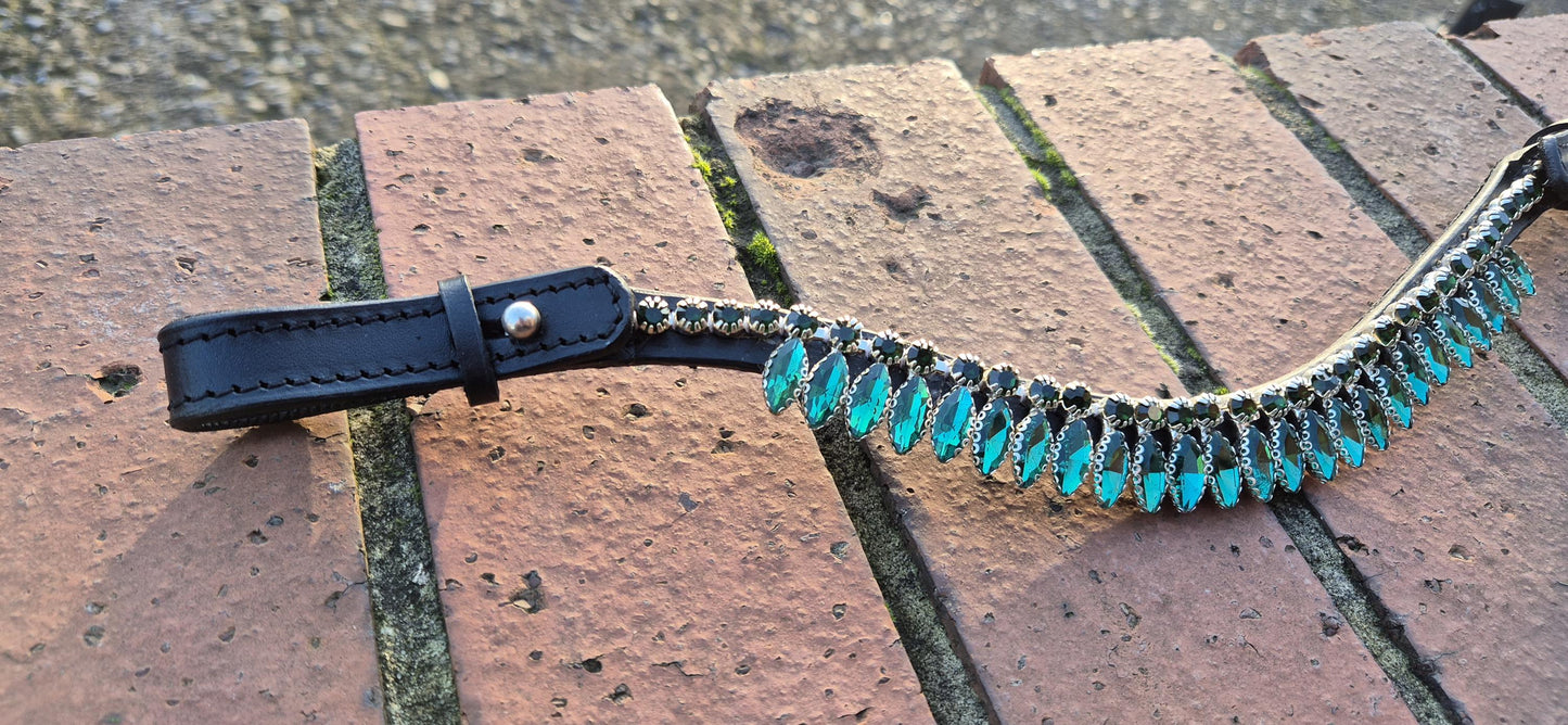 Handmade Green Crystal Horse Browband • Curve shape Leather Bling Browband