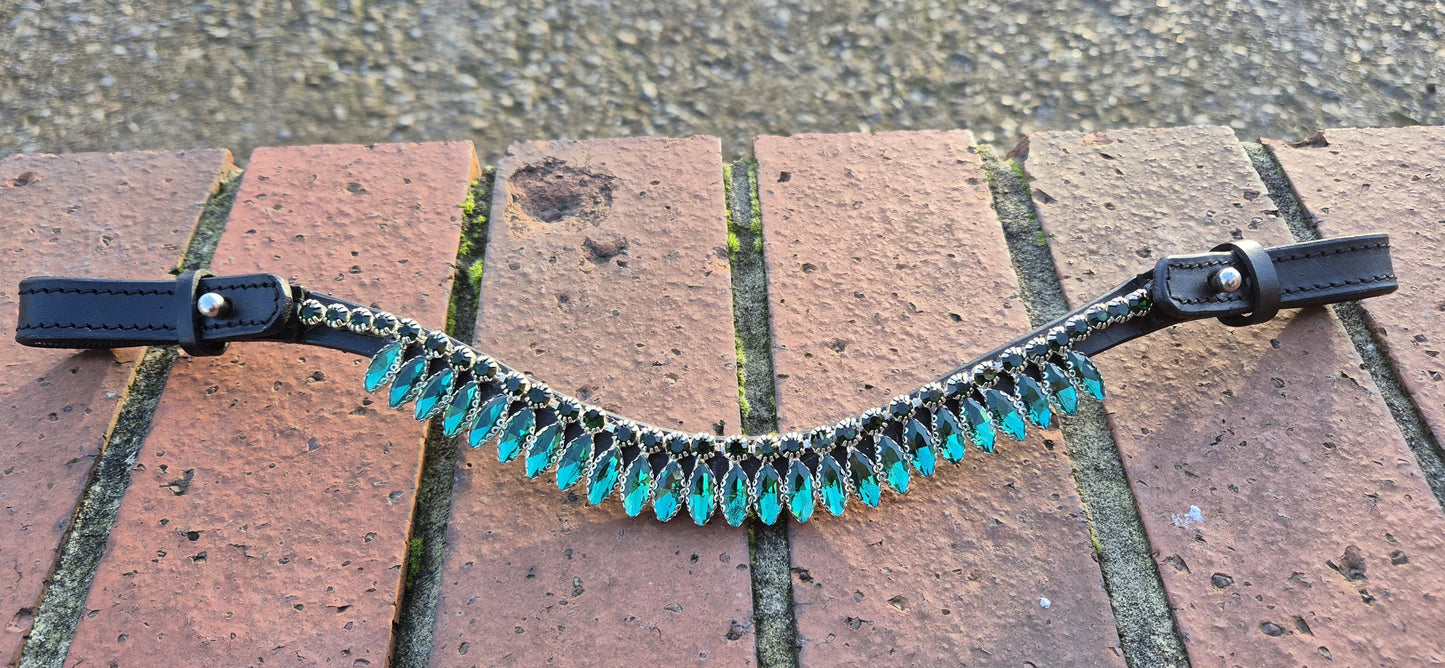 Handmade Green Crystal Horse Browband • Curve shape Leather Bling Browband