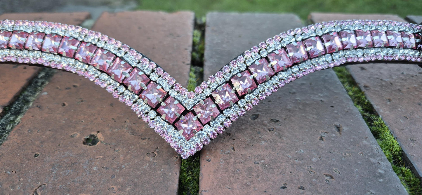Sparkly V shap pink crystal Snap Browband ideal for dressage showing Bridle