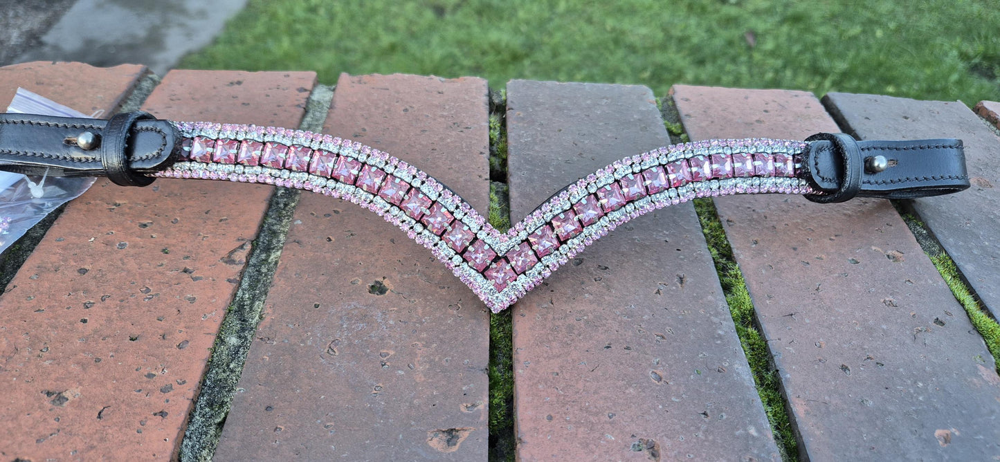 Sparkly V shap pink crystal Snap Browband ideal for dressage showing Bridle