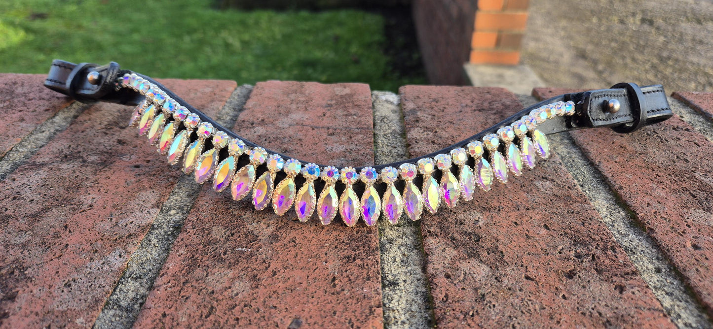 Handmade multy colour Crystal Horse Browband • Curved Leather Bling Browband