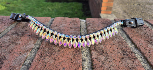 Handmade multy colour Crystal Horse Browband • Curved Leather Bling Browband