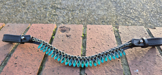 Handmade Green Crystal Horse Browband • Curve shape Leather Bling Browband