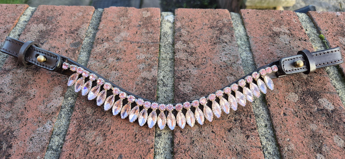 Handmade Pink Crystal Horse Browband • Curved Leather Bling Browband