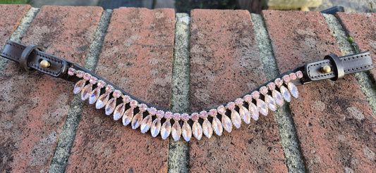 Handmade Pink Crystal Horse Browband • Curved Leather Bling Browband