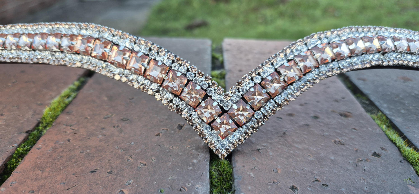 Sparkly 5 Row Crystal Browband for Horses: V Shape Cognac Colour crystal