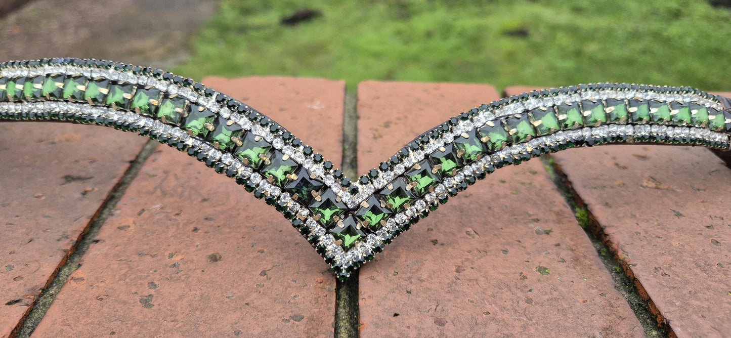 Sparkly 5 Row Crystal Browband for Horses: V Shape Green Square crystal