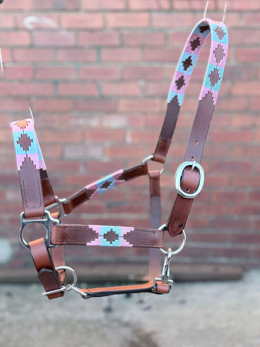 Handmade Brown Leather Horse Halter Pink and Blue colour