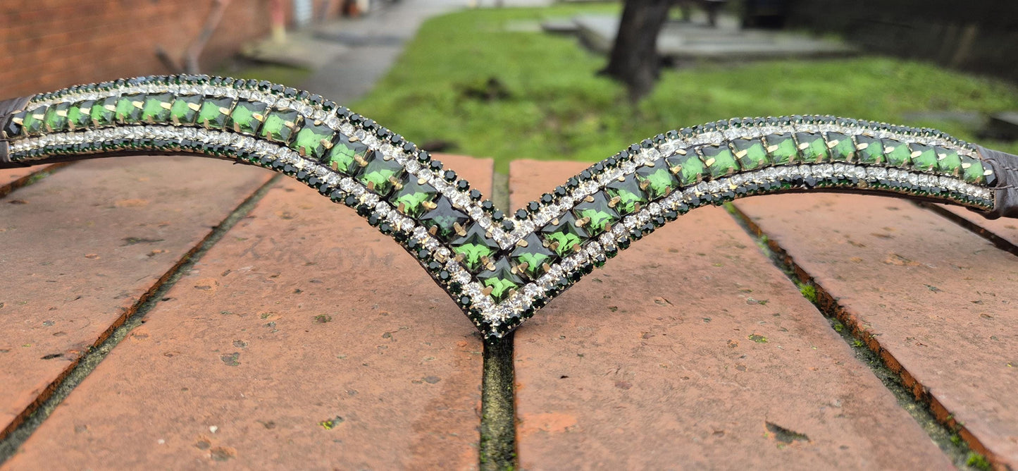 Sparkly 5 Row Crystal Browband for Horses: V Shape Green Square crystal
