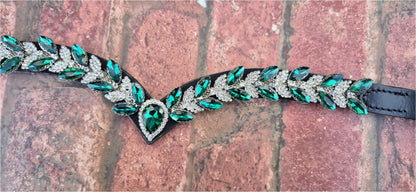 Sparkly V shap Green and White crystal Browband ideal for dressage showing Bridle