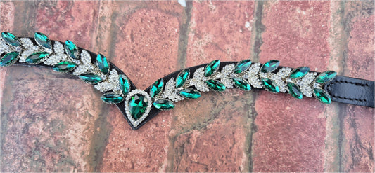 Sparkly V shap Green and White crystal Browband ideal for dressage showing Bridle