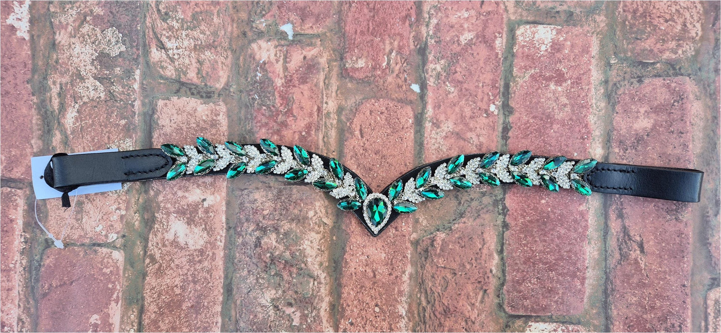 Sparkly V shap Green and White crystal Browband ideal for dressage showing Bridle