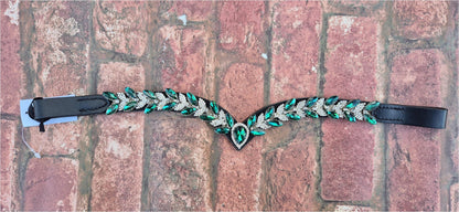 Sparkly V shap Green and White crystal Browband ideal for dressage showing Bridle