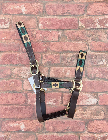 Argentinian Polo Leather Horse Halter -  Green and Tan Adjustable Headcollar