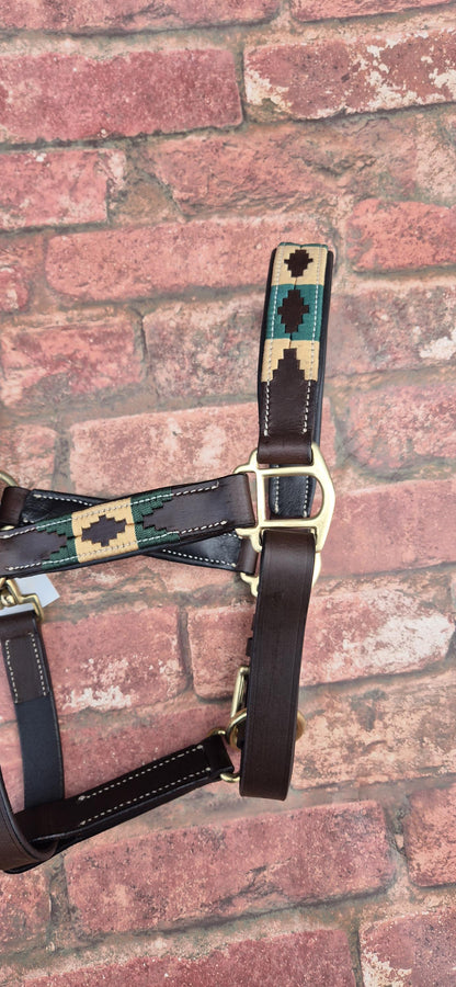 Argentinian Polo Leather Horse Halter -  Green and Tan Adjustable Headcollar