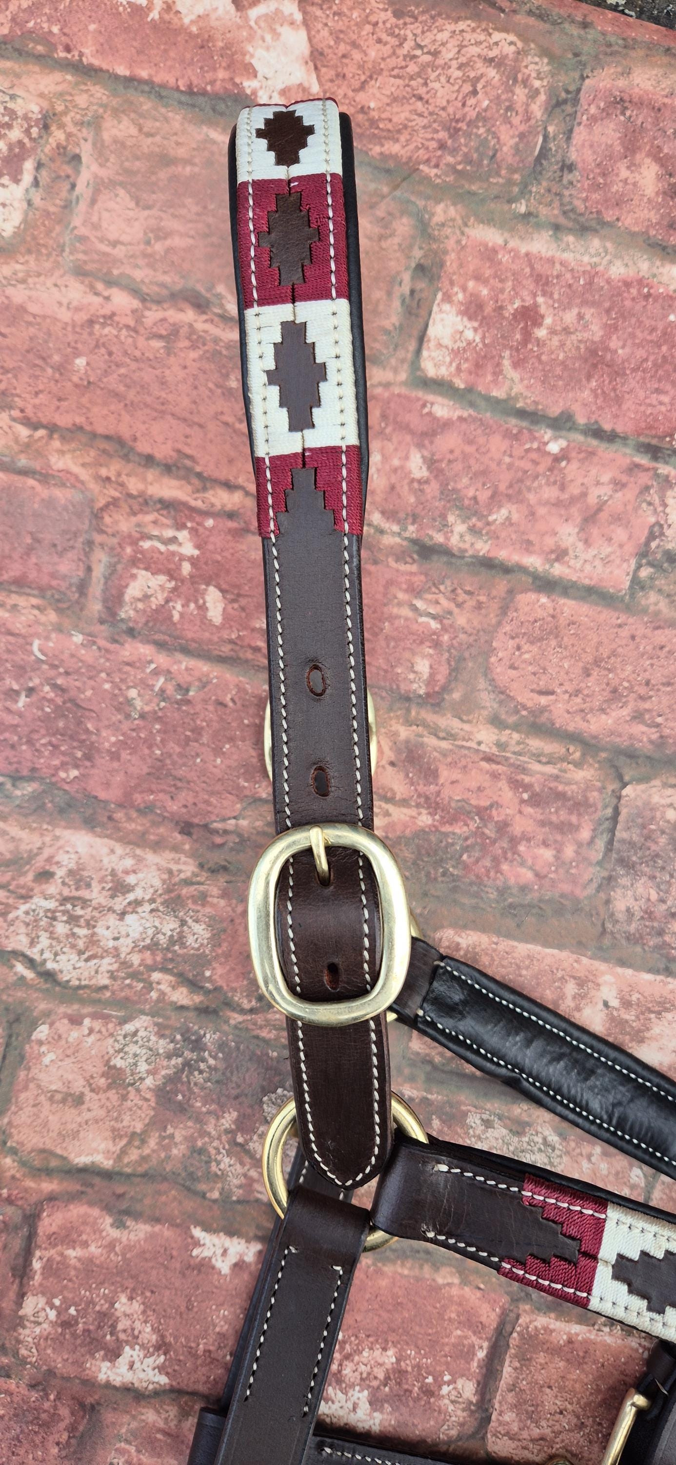 Argentinian Polo Leather Horse Halter - Burgundy and Beige Adjustable Headcollar