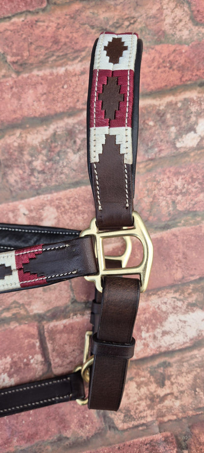 Argentinian Polo Leather Horse Halter - Burgundy and Beige Adjustable Headcollar