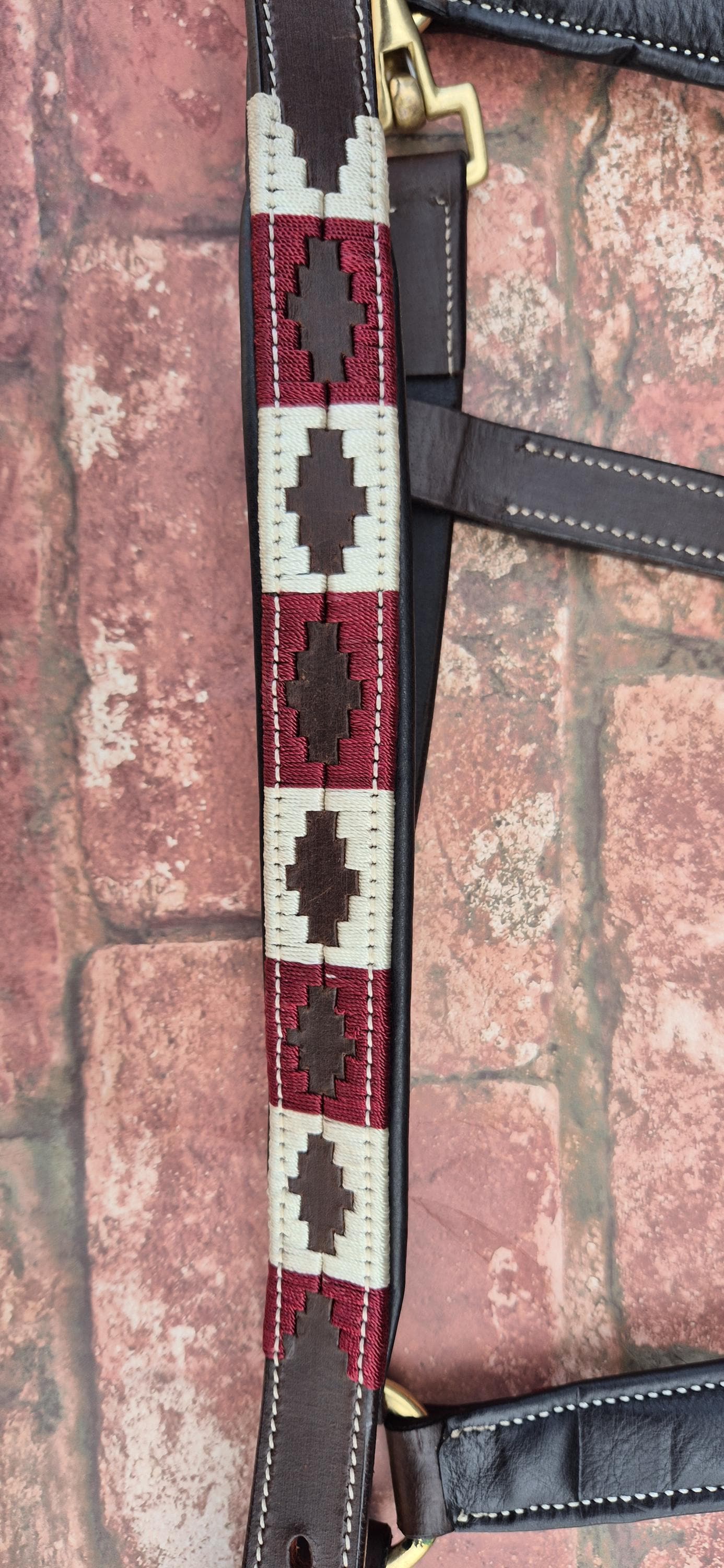 Argentinian Polo Leather Horse Halter - Burgundy and Beige Adjustable Headcollar