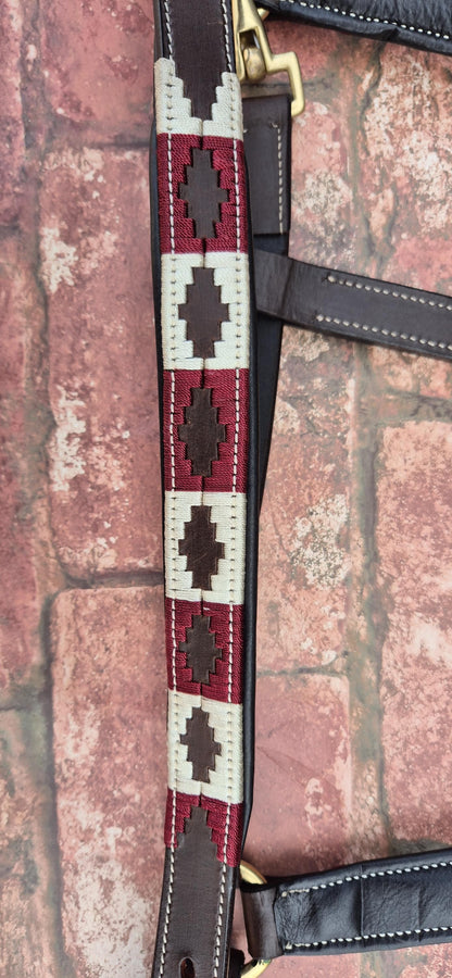 Argentinian Polo Leather Horse Halter - Burgundy and Beige Adjustable Headcollar