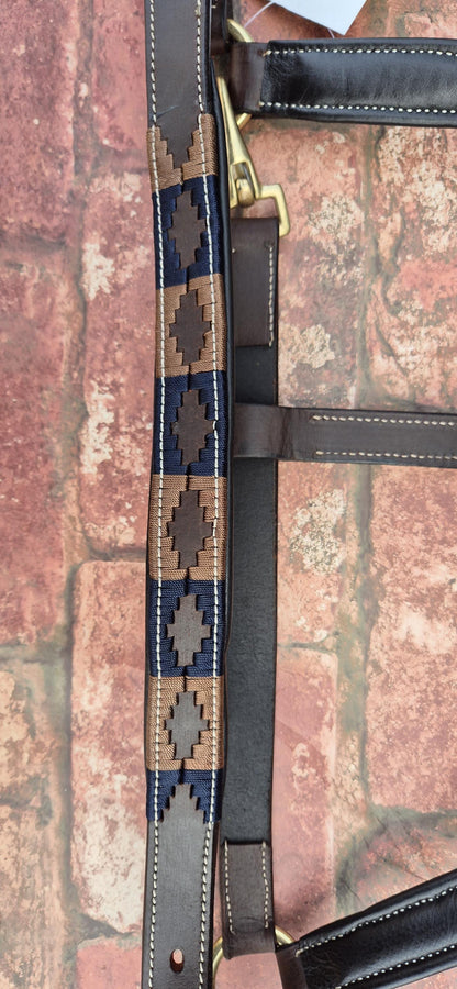 Argentinian Polo Leather Horse Halter - Dark Brown and Navy Adjustable Headcollar