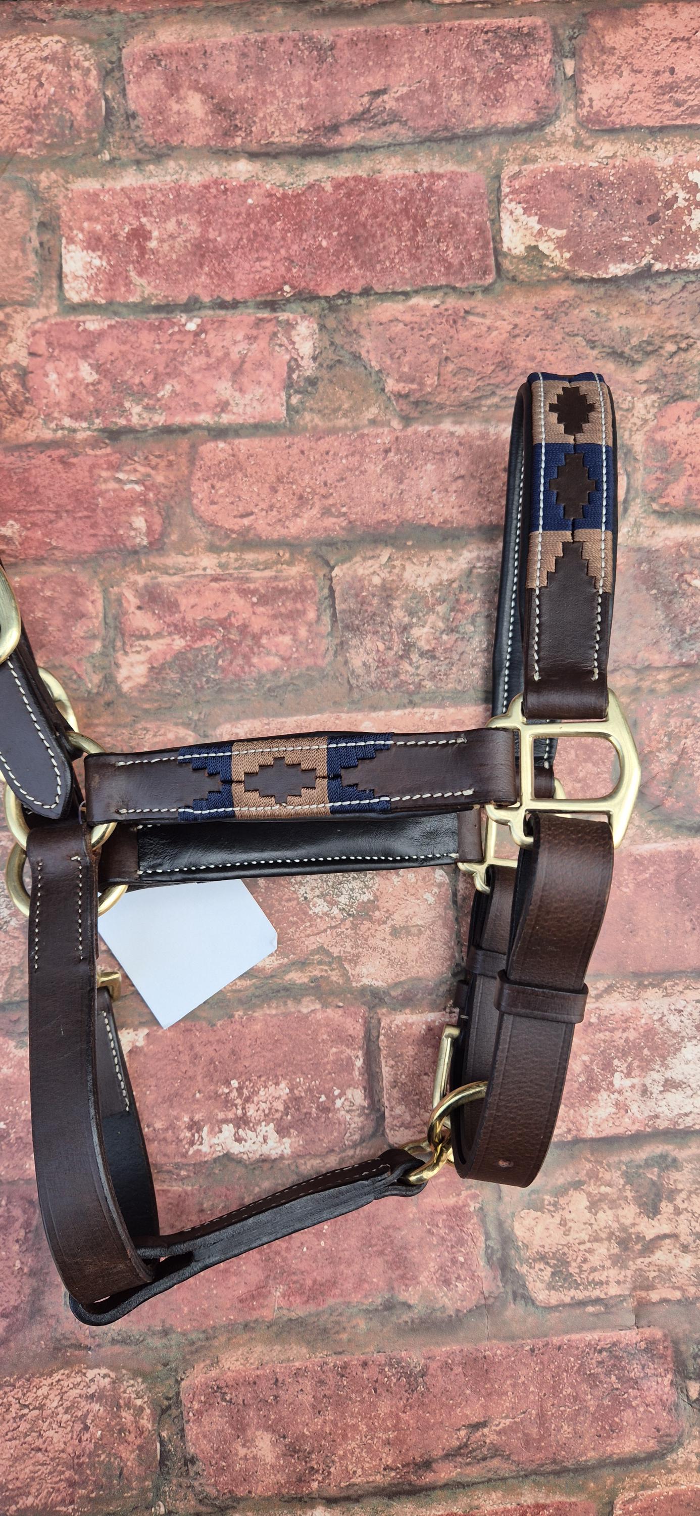 Argentinian Polo Leather Horse Halter - Dark Brown and Navy Adjustable Headcollar