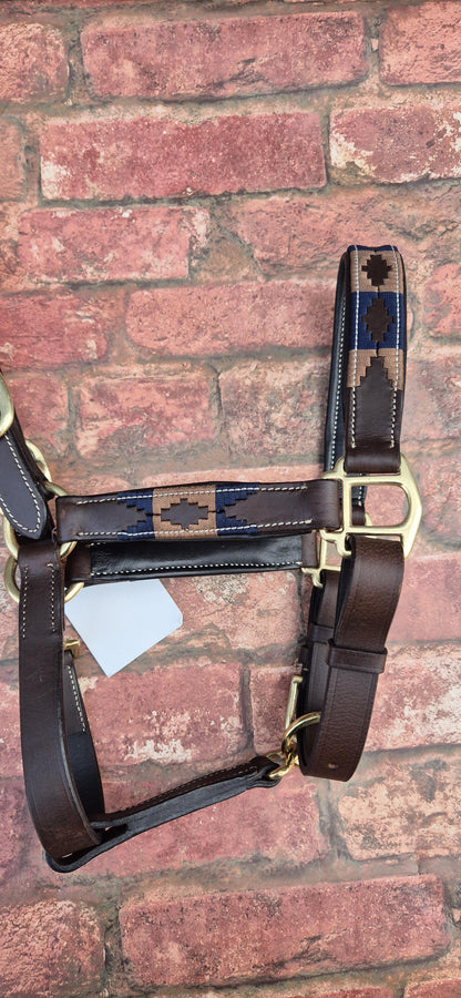 Argentinian Polo Leather Horse Halter - Dark Brown and Navy Adjustable Headcollar