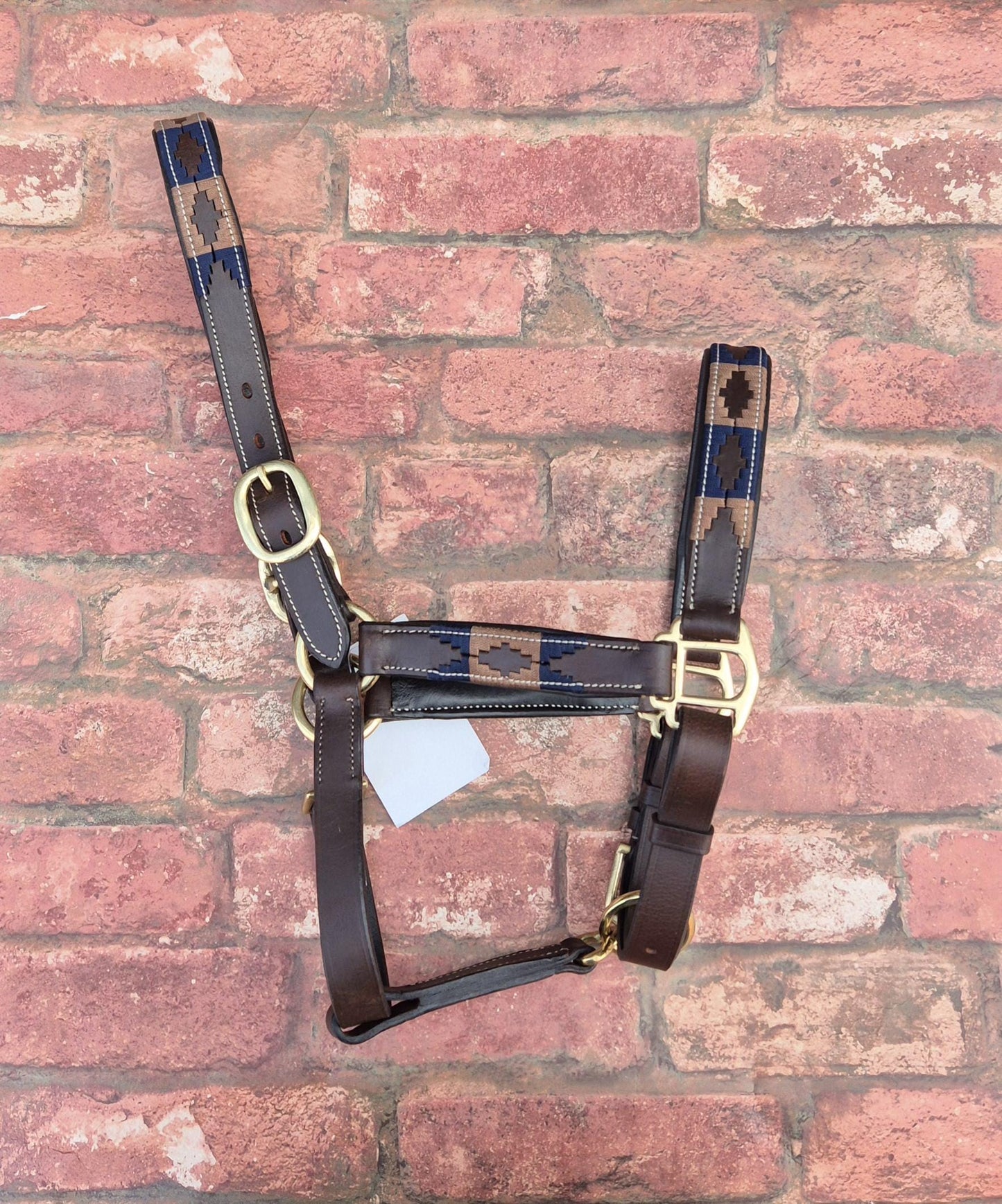 Argentinian Polo Leather Horse Halter - Dark Brown and Navy Adjustable Headcollar