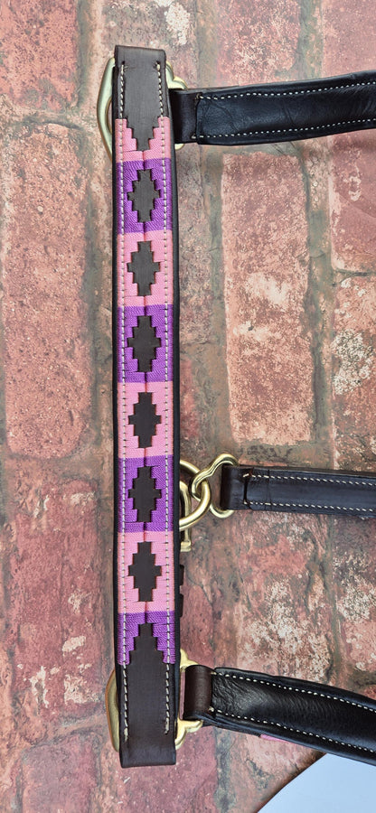 Argentinian Polo Leather Horse Halter - Pink and Purple Adjustable Headcollar