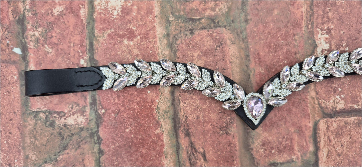 Sparkly V shap Pink and White crystal Browband ideal for dressage showing Bridle
