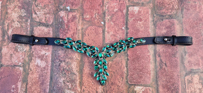 Luxury Cross-Shaped Green Crystal Horse Browband – Leather with Iridescent Rhinestone Design with Quick release