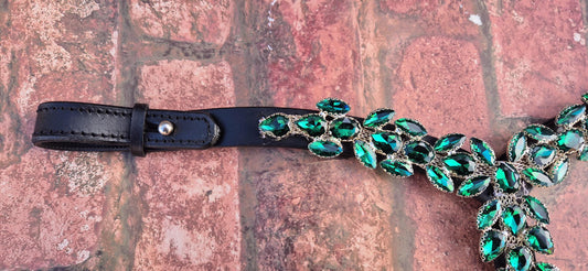 Luxury Cross-Shaped Green Crystal Horse Browband – Leather with Iridescent Rhinestone Design with Quick release